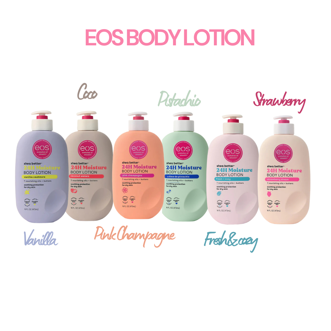 EOS · Vanille, Coco, Pink Champagne, Pistachio, Fresh & Cozy, Strawberry